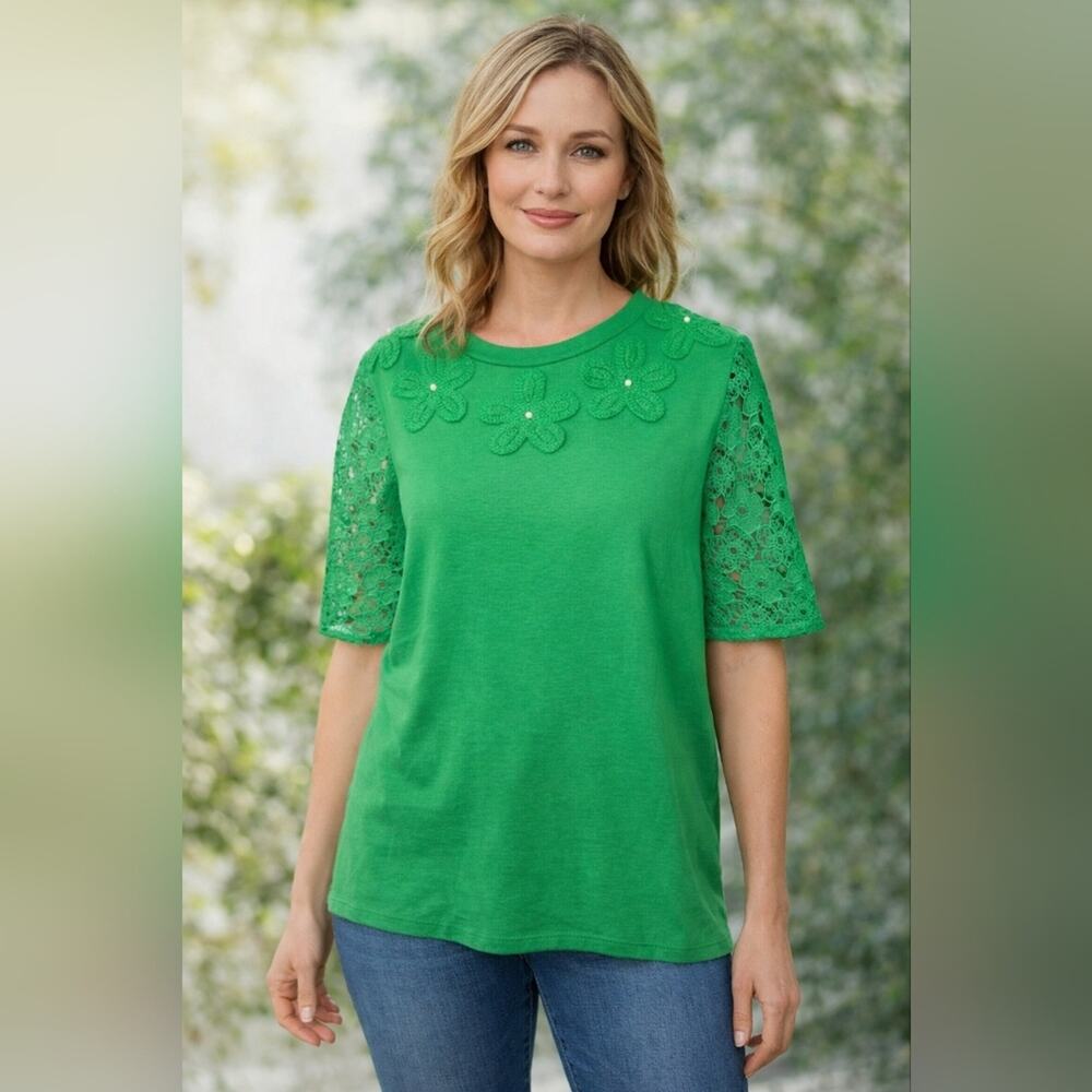 Ontwelfth Floral Embellished Green Lace Sleeve Blouse Sz. 1X #1835